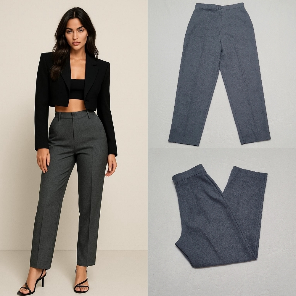 Donnkenny Vintage 70s Gray High Waisted Ribcage Pleated Tapered Leg Trousers 14